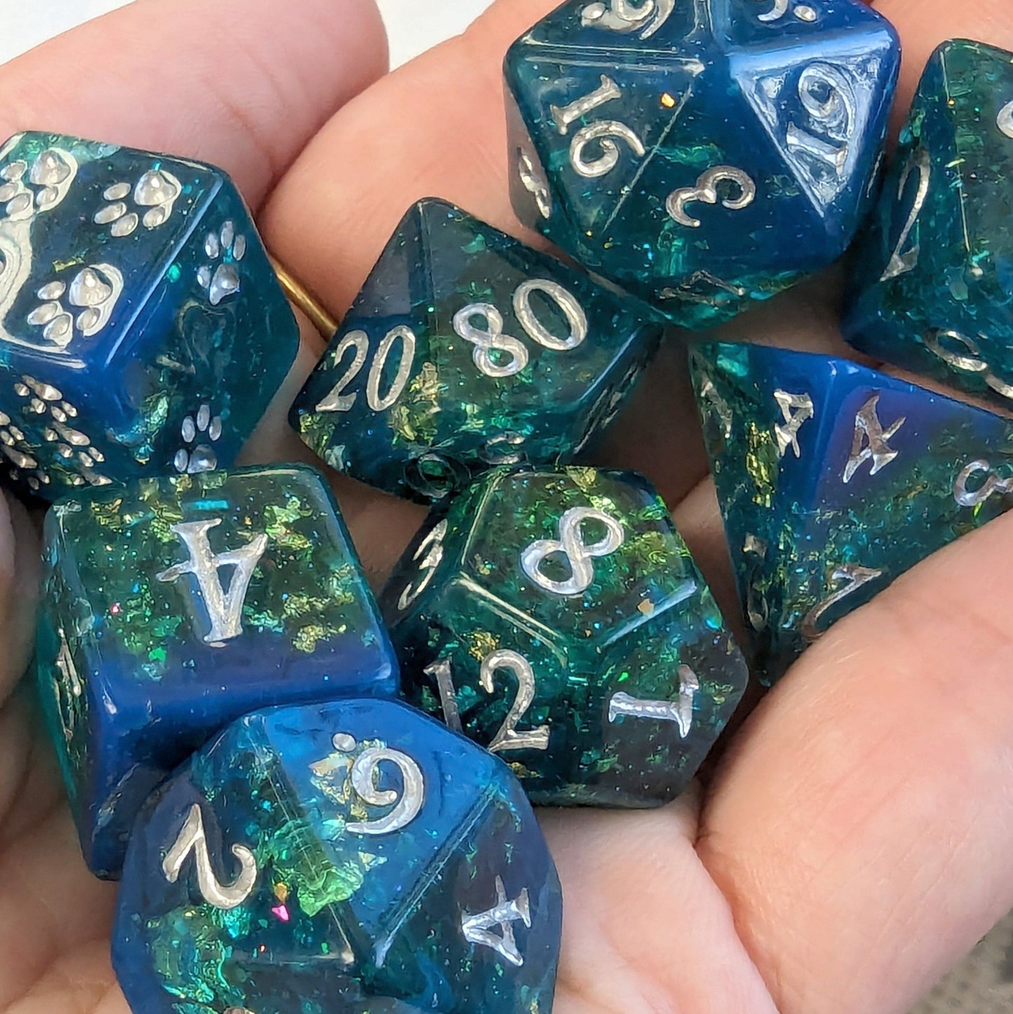 Saltmarsh Dice Set. Blue and Green Opal Flakes and Gold Foil Dice sets Fennek and Finch
