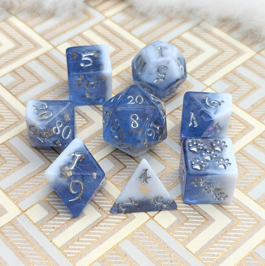 Snow Peak Dice Set. Clear Periwinkle and White Marble, with Glitter and Foil Dice sets Fennek and Finch 8 Piece Set- Layered