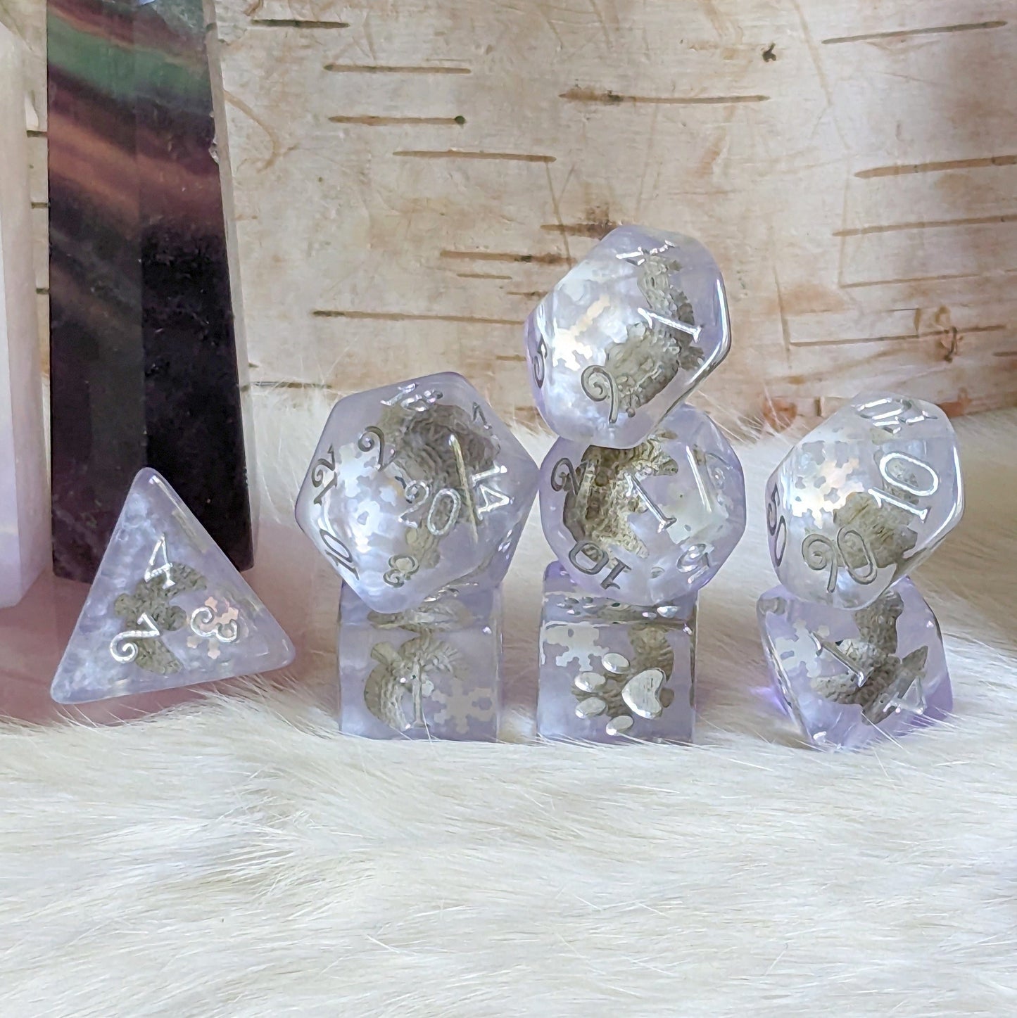 Snowy Owl Dice Set with miniature owls in clear resin, silver and purple design, 8-piece polyhedral set for RPGs like Dungeons & Dragons