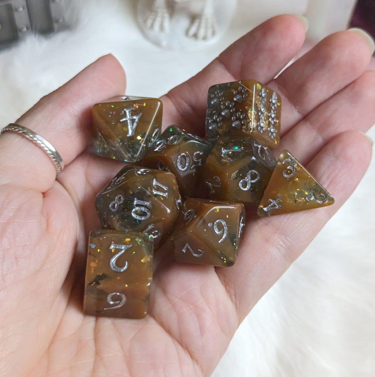 Sulfur Pool Dice Set – 8 - Piece Teal Brown Opal Flakes Gold Foil Paw Print D6 - Fennek and Finch