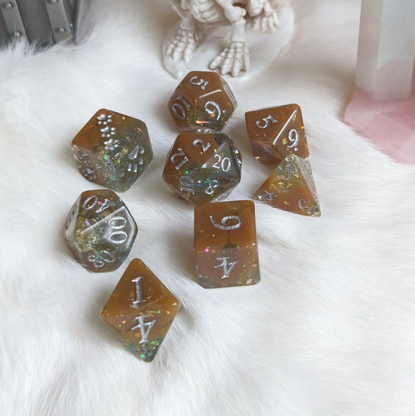 Sulfur Pool Dice Set. Blue and Brown with Opal Flakes and Gold Foil Dice sets Fennek and Finch