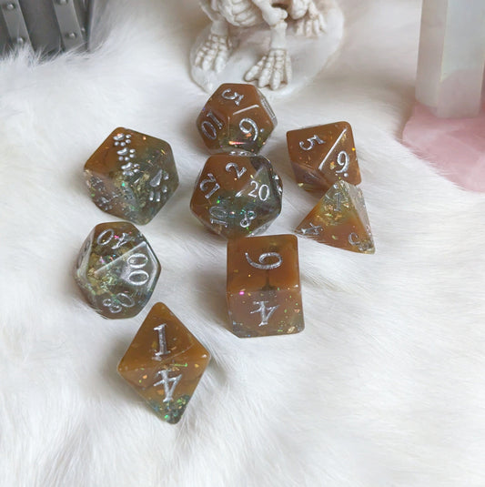 Sulfur Pool Dice Set. Blue and Brown with Opal Flakes and Gold Foil Dice sets Fennek and Finch