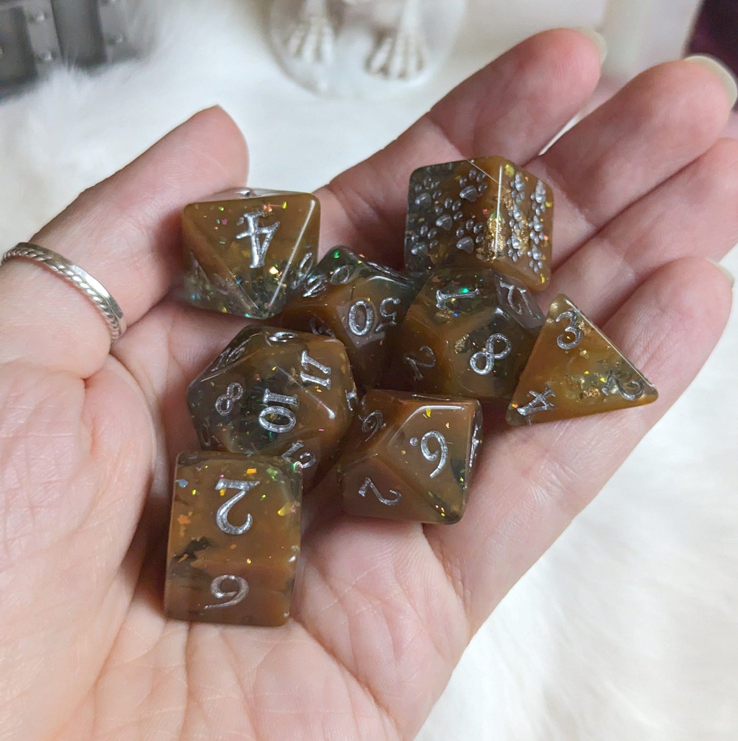 Sulfur Pool Dice Set. Blue and Brown with Opal Flakes and Gold Foil Dice sets Fennek and Finch