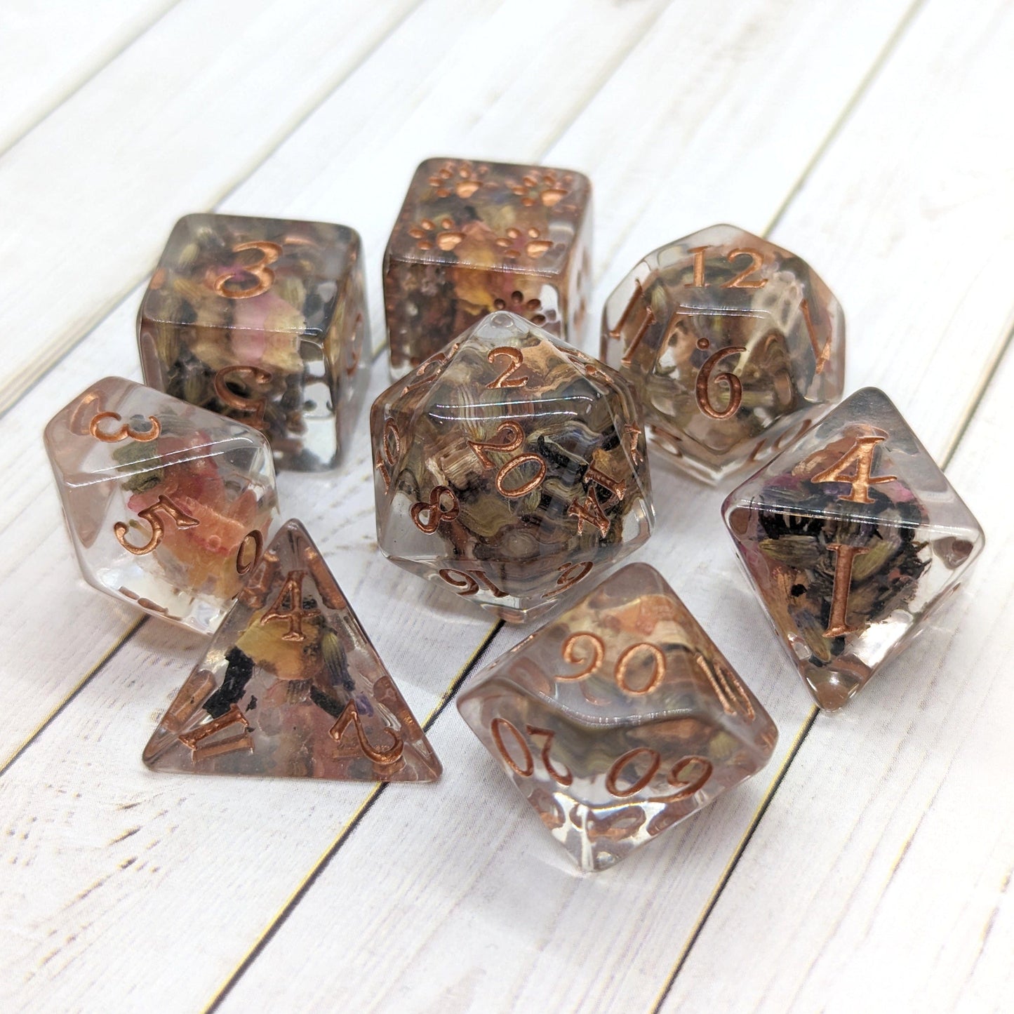 Rose Petals and Lavender Dice Set with Bronze Font, 8 Piece Polyhedral Dice for Dungeons and Dragons, Real Dried Flowers Design