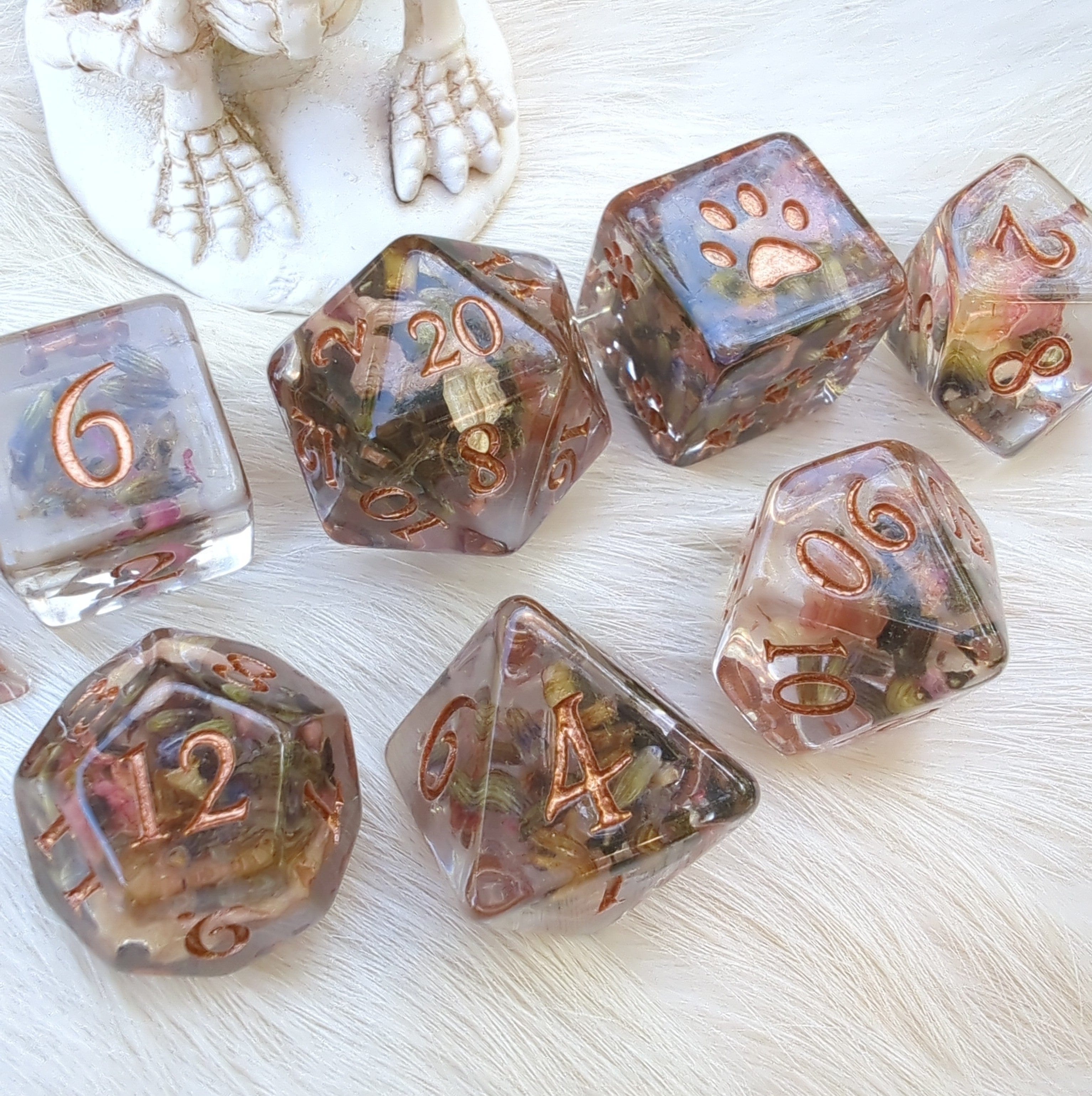 Tea, Rose Petals, and Lavender Dice Set. 8 Piece real dried flowers DN