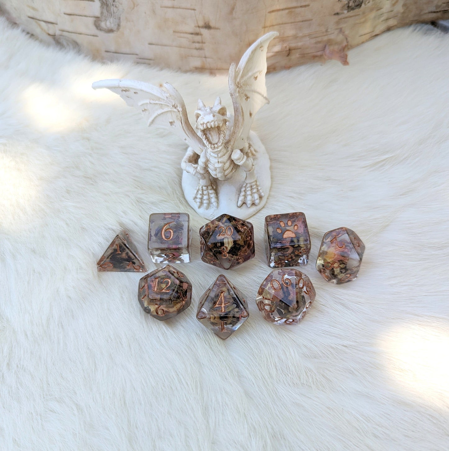 Tea, Rose Petals, and Lavender DND Dice Set with Bronze Font and Paw Counters, 8 Piece Polyhedral Set for TTRPGs and Magic The Gathering