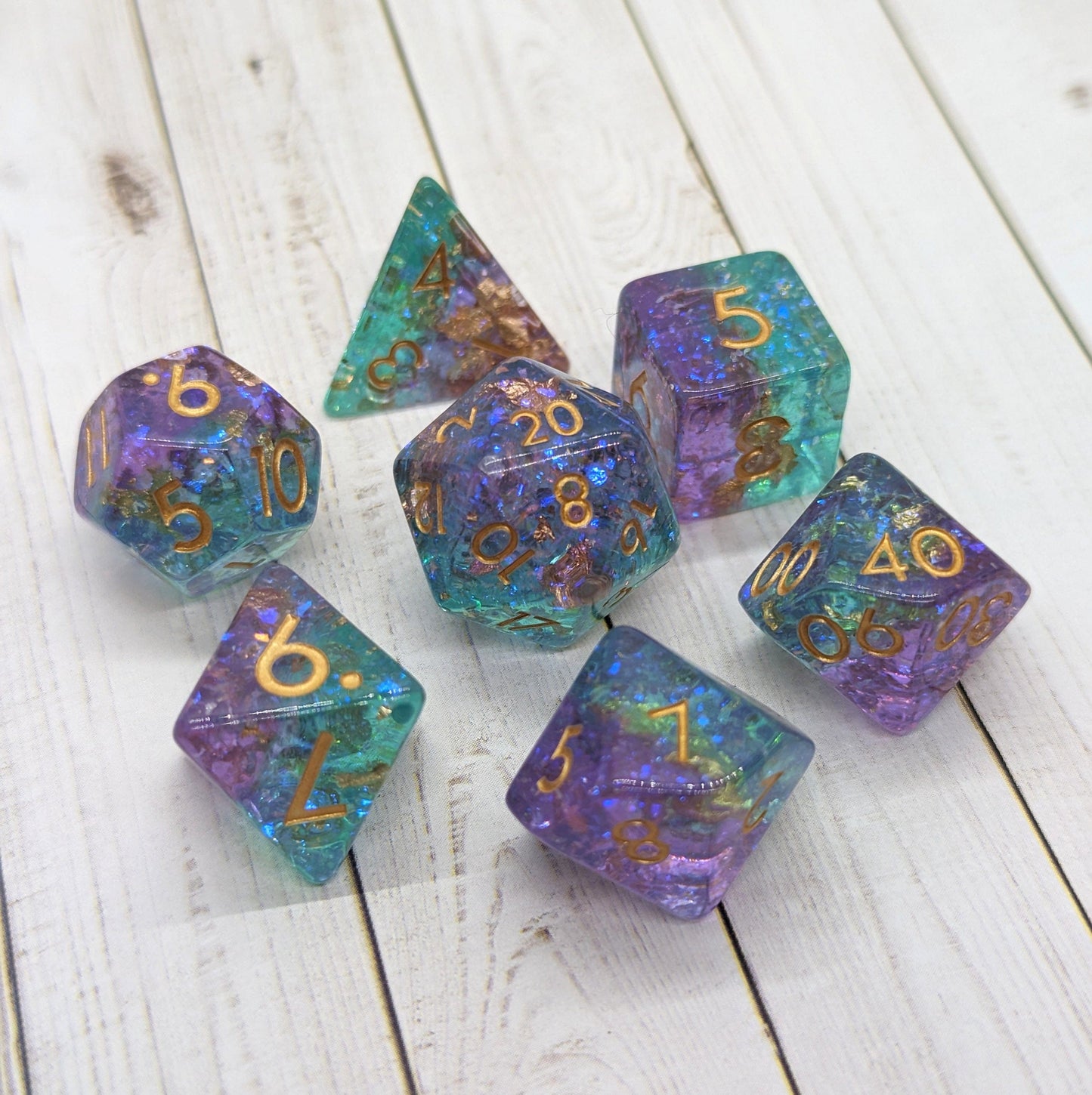 Teal and Purple Sparkles DnD Dice Set, Translucent Glitter layered Dice