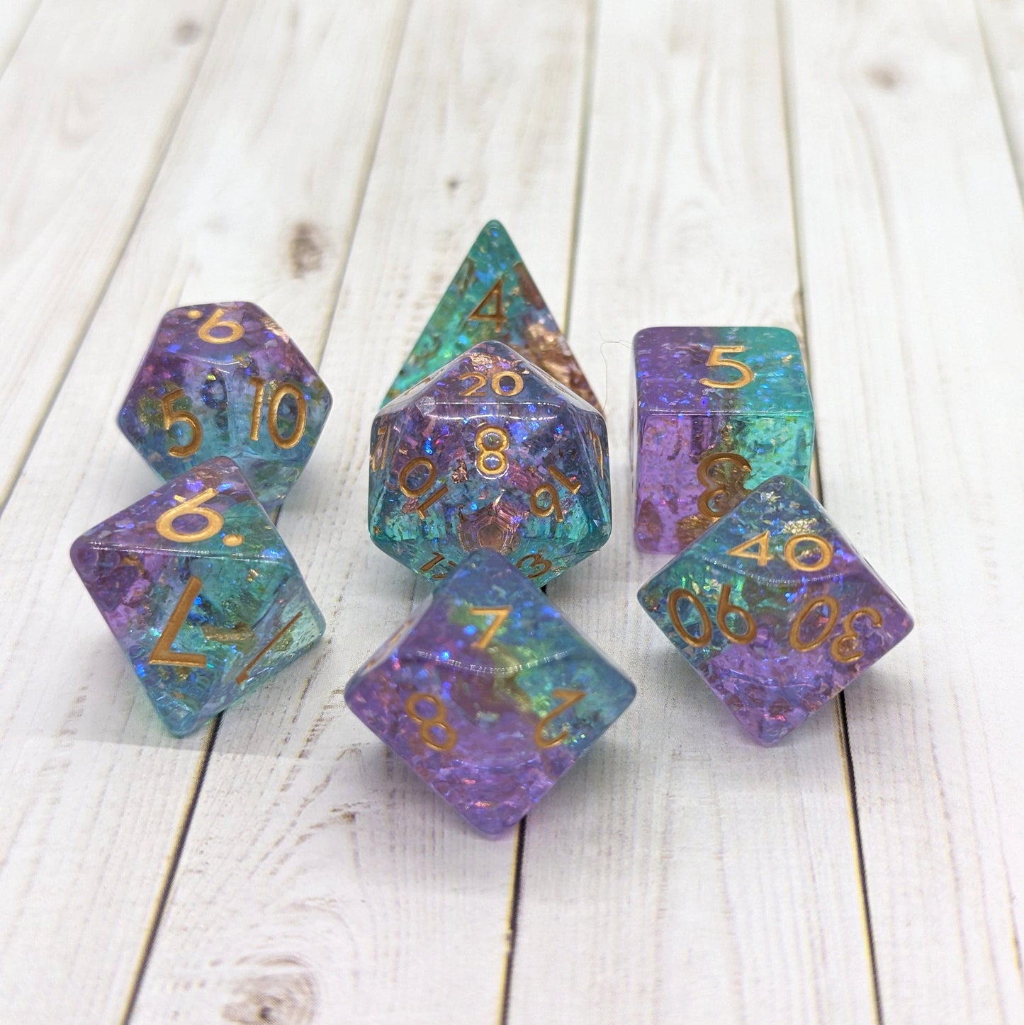 Teal and Purple Sparkles DnD Dice Set, Translucent Glitter layered Dice