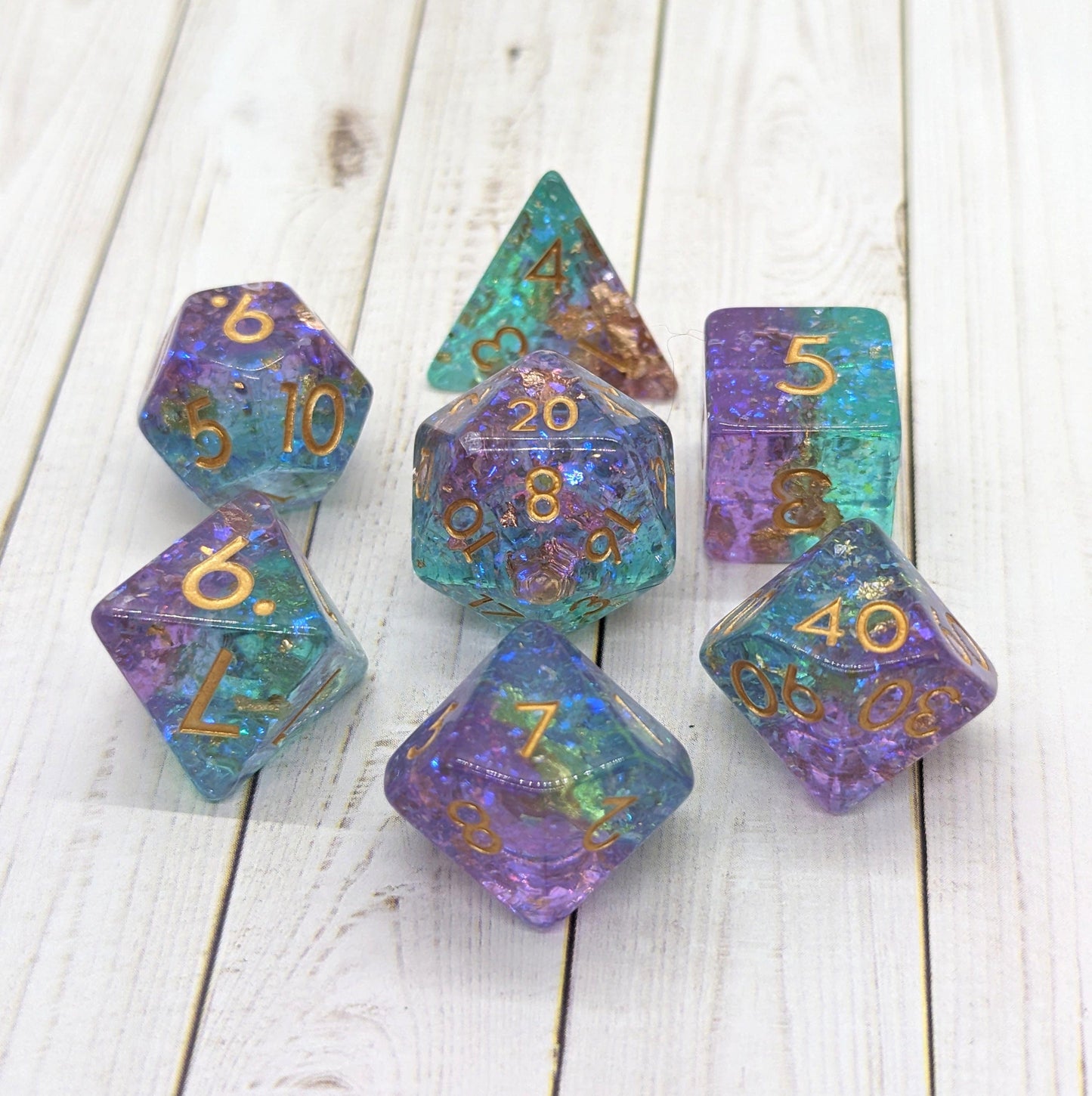 Teal and Purple Sparkles DnD Dice Set, Translucent Glitter layered Dice
