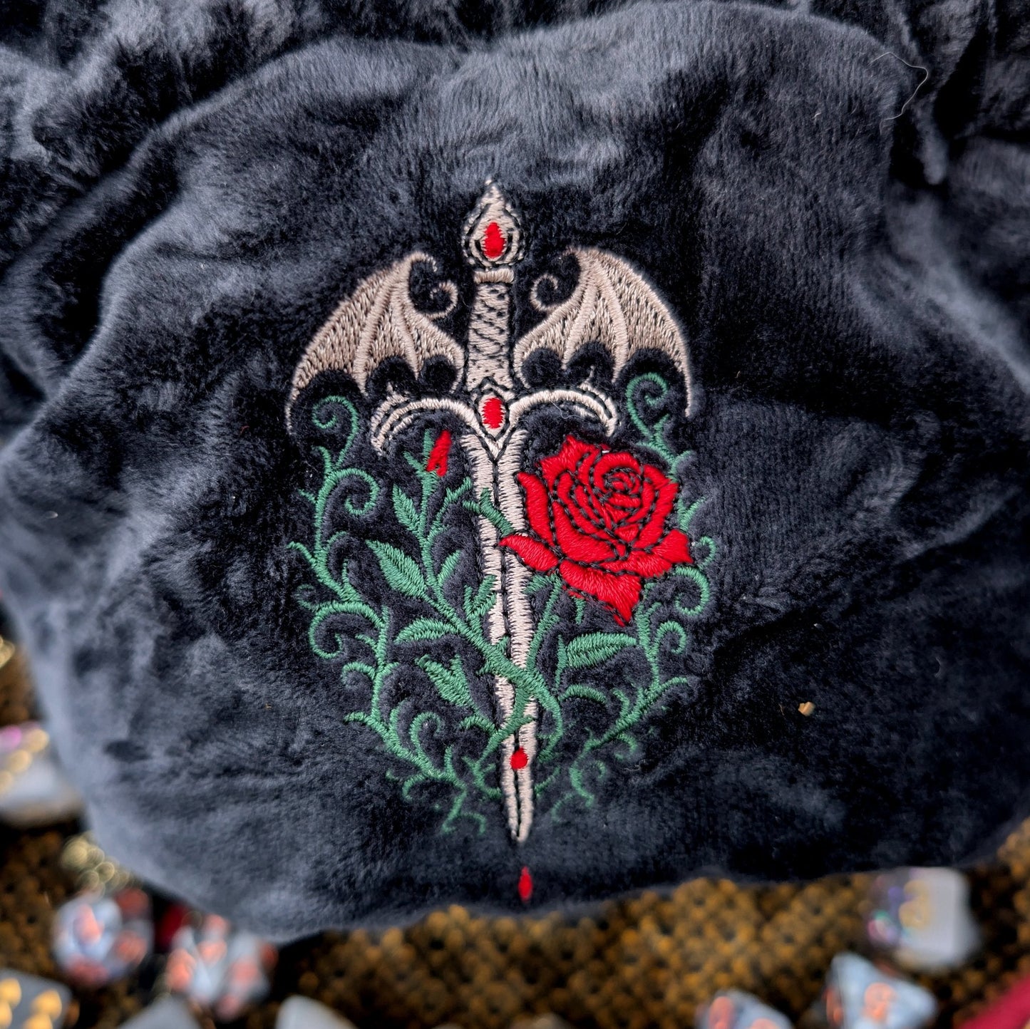 Vampire Plush Dice Bag – Black & Dark Grey Embroidered Drawstring Pouch Fennek and Finch