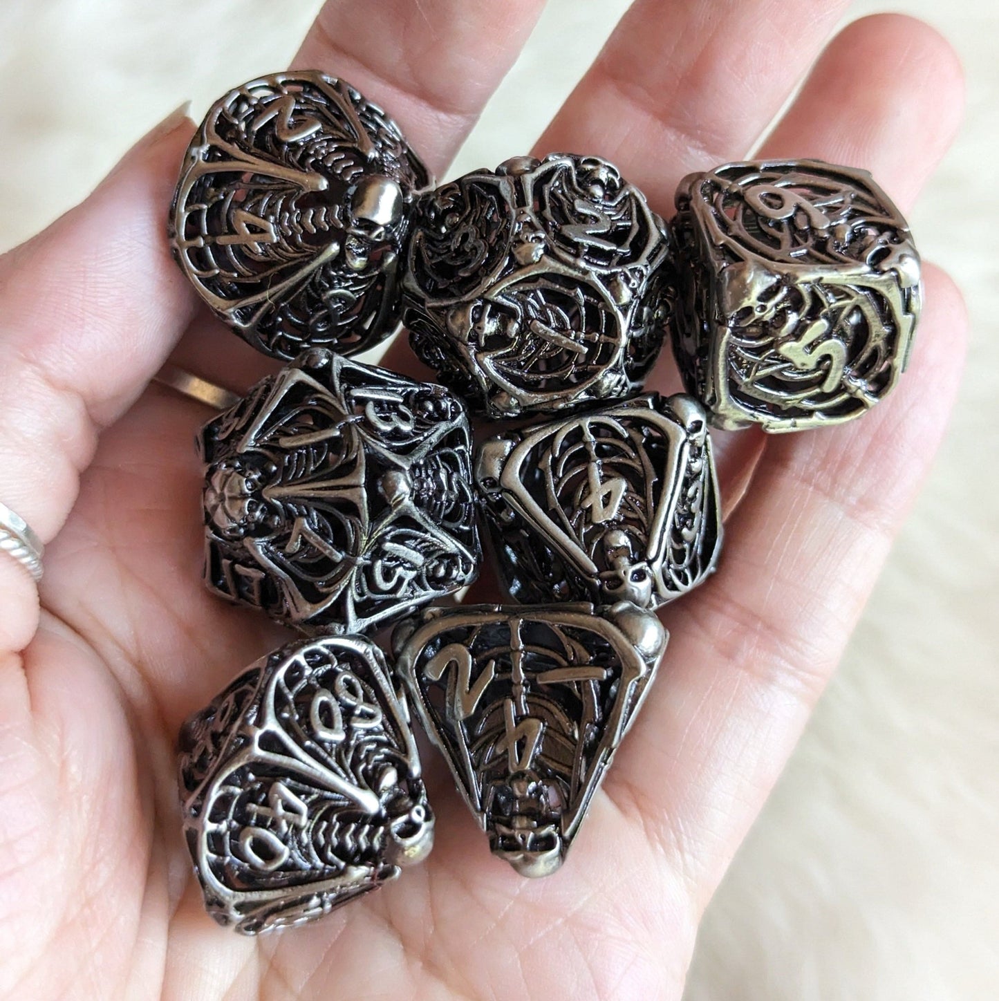 Vampire Skeleton Hollow Metal Dice Set – 7 - Piece Gothic Horror DnD Dice - Fennek and Finch