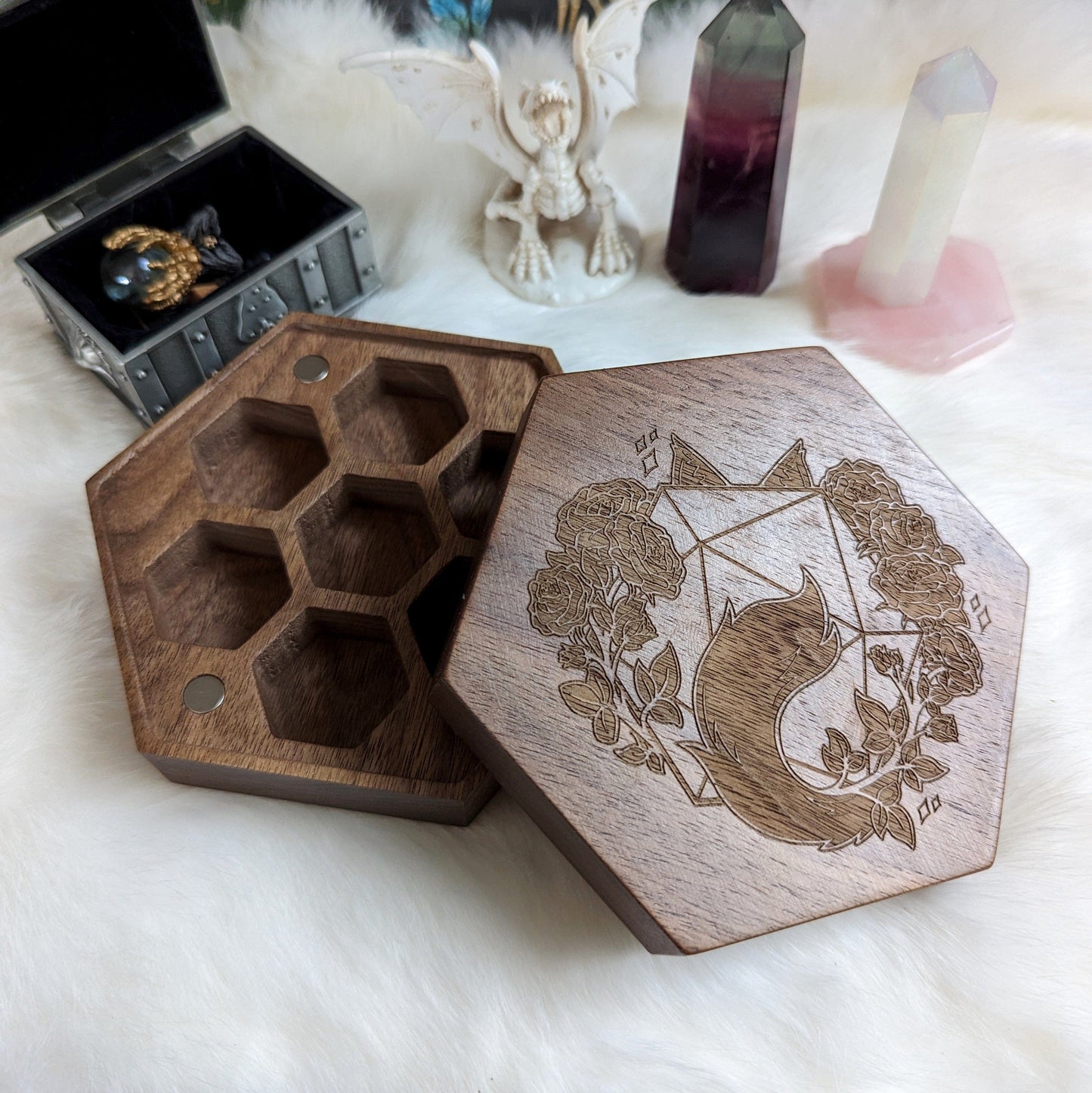 Walnut Wood Dice Box - D20, Roses, and Cat Design Toy Chests Fennek and Finch