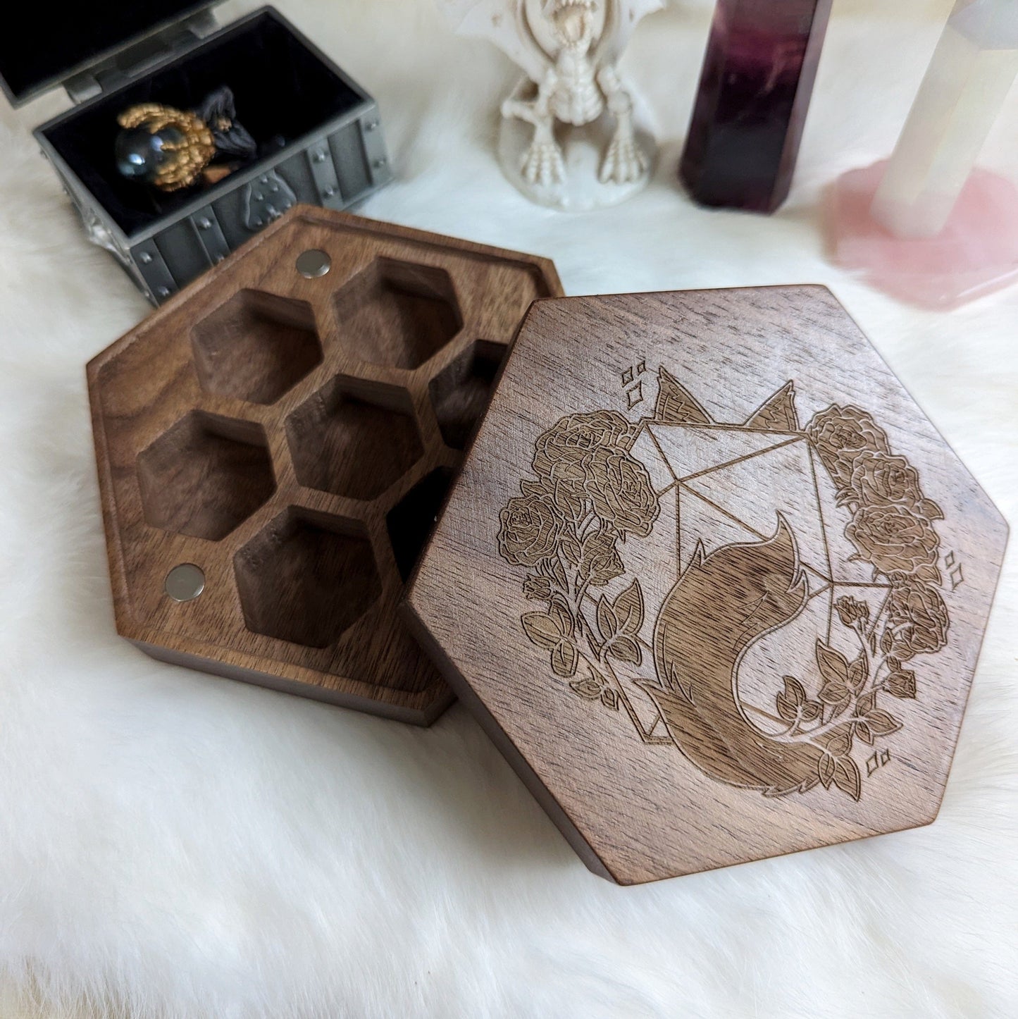Walnut Wood Dice Box - D20, Roses, and Cat Design Toy Chests Fennek and Finch