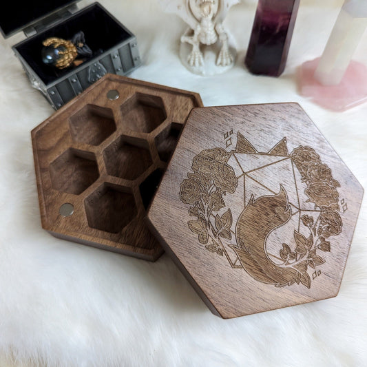 Walnut Wood Dice Box - D20, Roses, and Cat Design Toy Chests Fennek and Finch