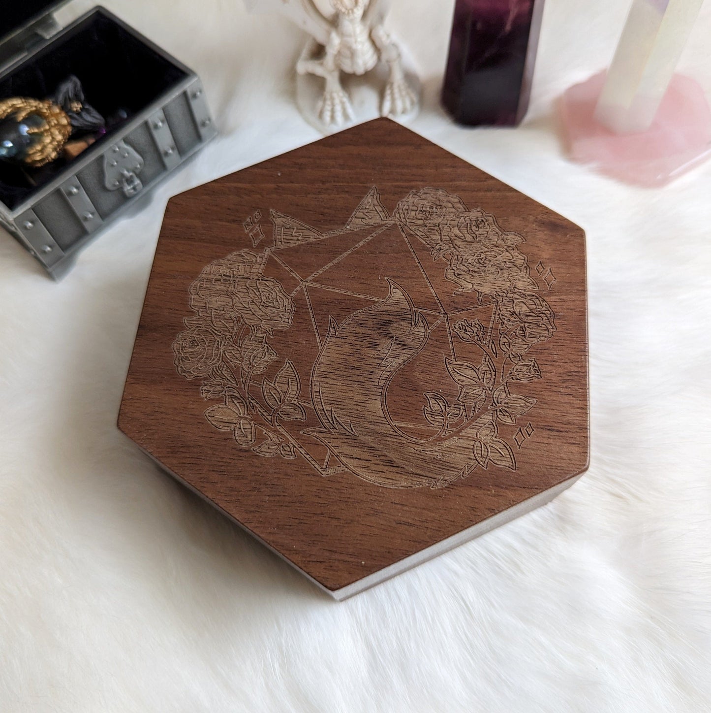 Walnut Wood Dice Box - D20, Roses, and Cat Design Toy Chests Fennek and Finch