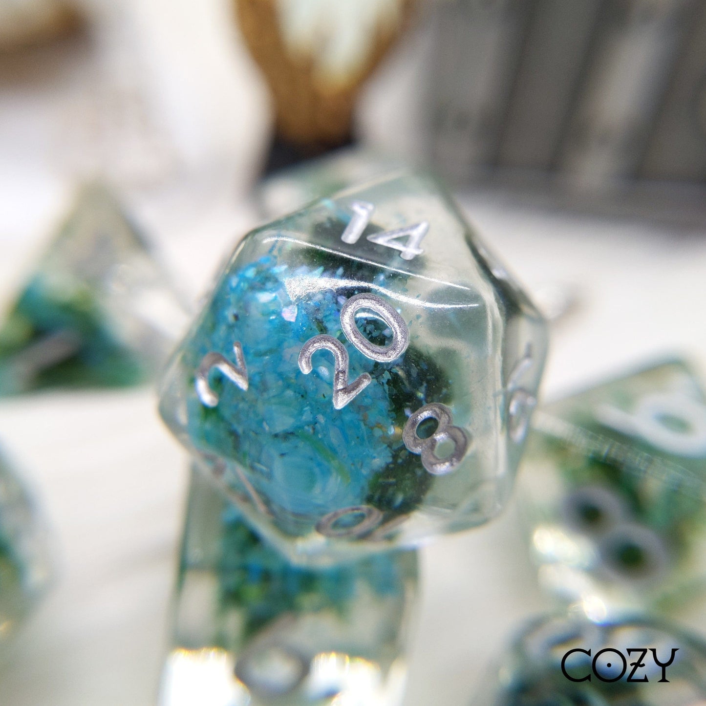 Abalone Shell and Moss Dice Set, 7 pieces, with real sea shell and plants for TTRPG, Dungeons and Dragons, Magic the Gathering games.