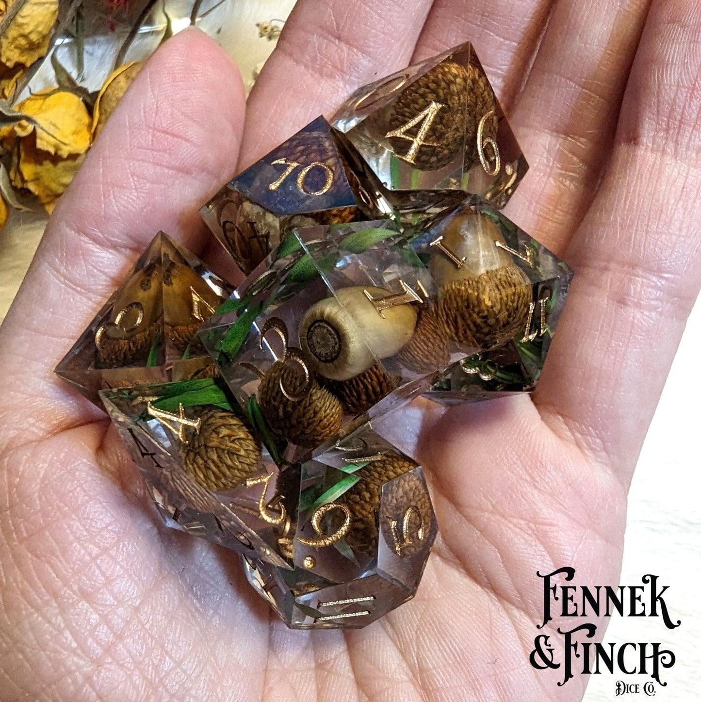 Acorn Sharp Edge Dice Set – 7 - Piece with Real Acorns | Fennek & Finch - Fennek and Finch