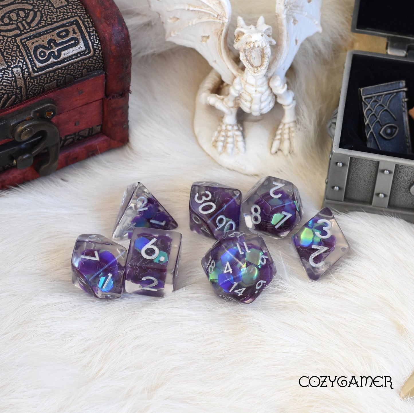 "Amethyst Glint Dice Set with iridescent glitter on display with fantasy decor, perfect for tabletop RPGs like Dungeons and Dragons"