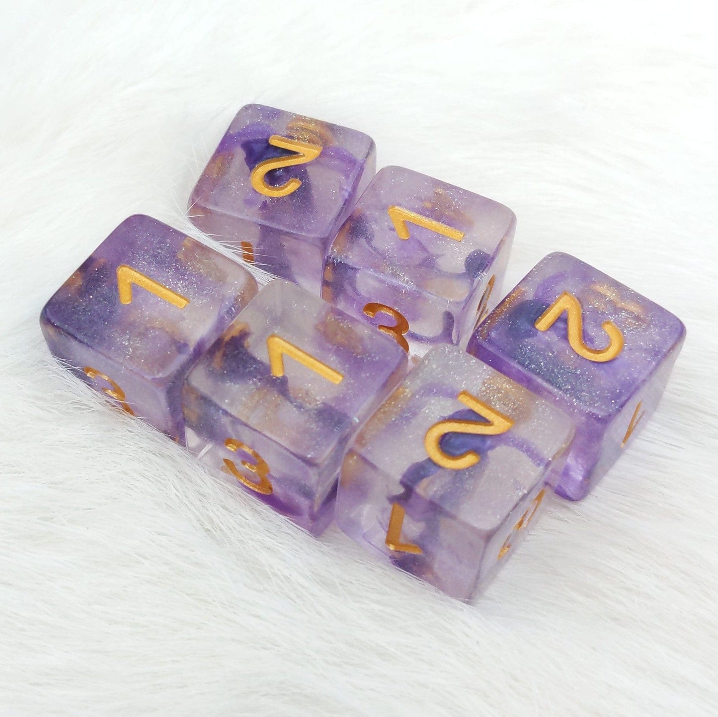Amethyst Sparkles D6 Set – 6 Purple Shimmer Dice with Gold Font - Fennek and Finch