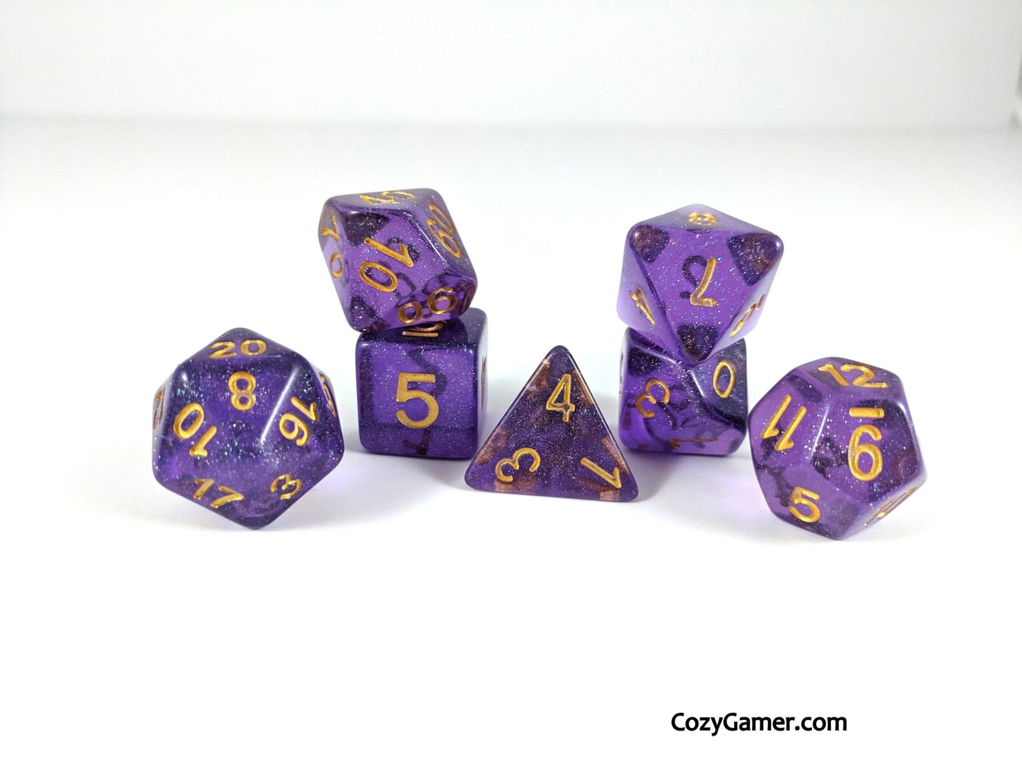 Amethyst Sparkles Dice Set – 7 - Piece Translucent Purple Iridescent Blue Glitter - Fennek and Finch