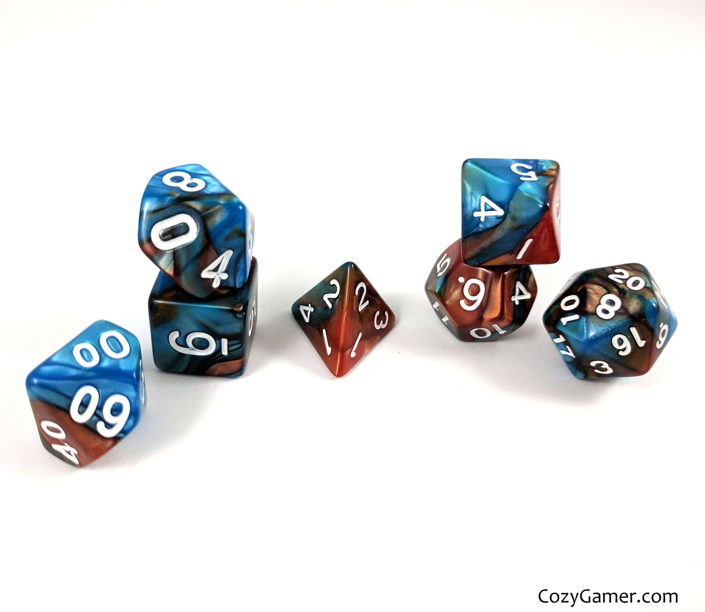 Aqua and Copper Dice Set, Pearly Blue and Copper Dice - CozyGamer