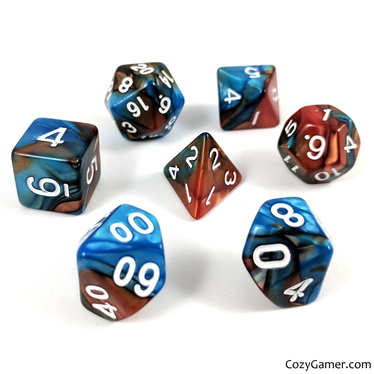 Aqua and Copper Dice Set, Pearly Blue and Copper Dice - CozyGamer