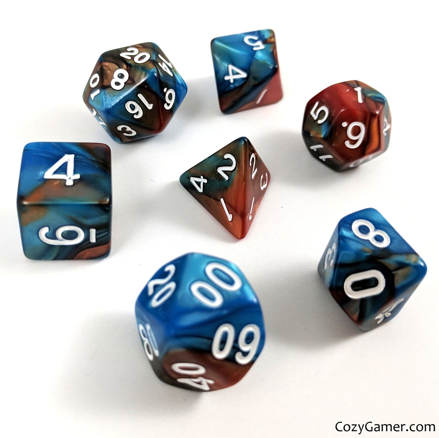 Aqua and Copper Dice Set, Pearly Blue and Copper Dice - CozyGamer