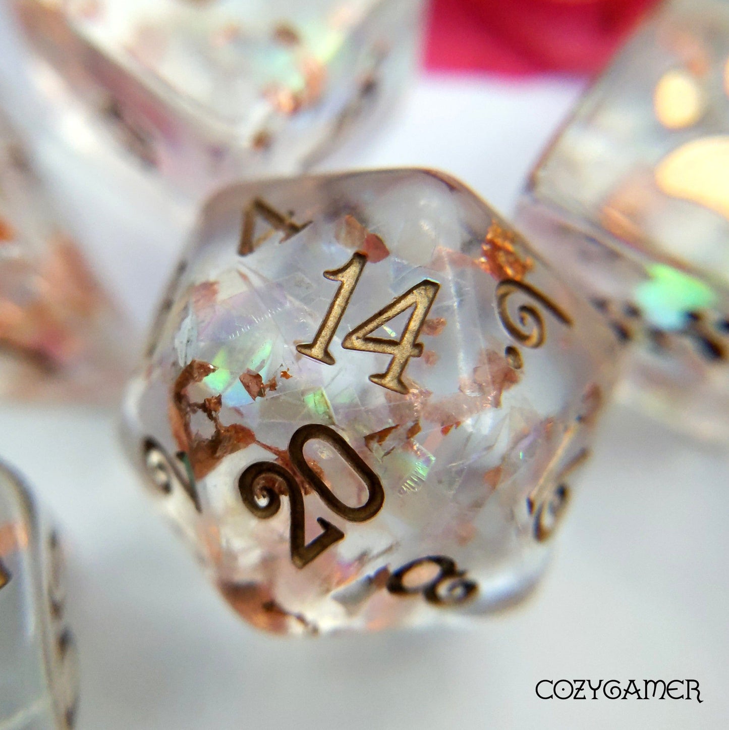 Arcanist's Magic Aura 8 Piece Dice Set. Clear Resin with Glitter and Foil Dice sets Fennek and Finch