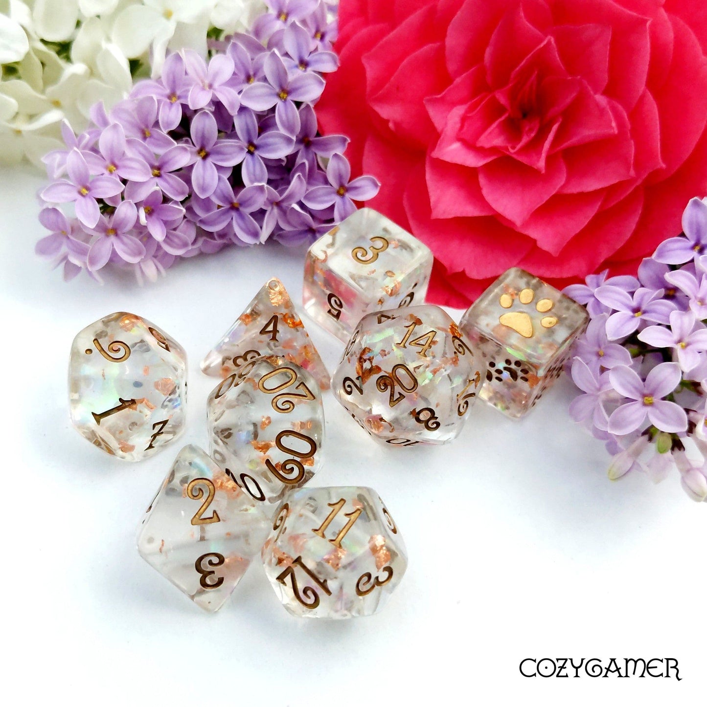 Arcanist's Magic Aura 8 Piece Dice Set. Clear Resin with Glitter and Foil Dice sets Fennek and Finch