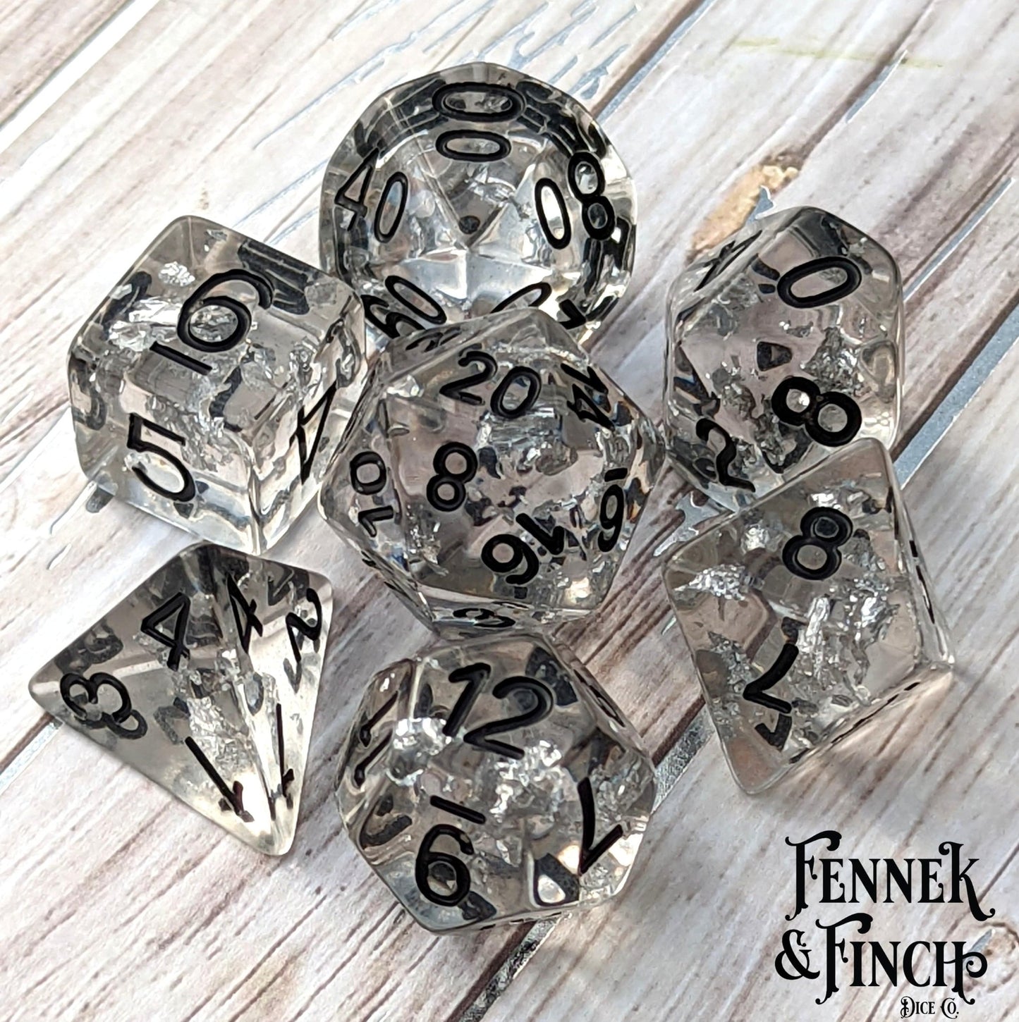Argentum Dice Set – 7 - Piece Clear Resin Silver Foil DnD Dice - Fennek and Finch