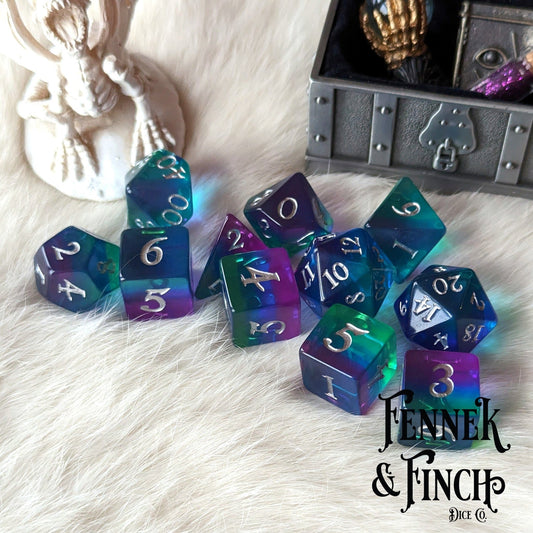 Aurora Dice Set – 11-Piece Northern Lights Layered DnD Dice | Fennek & Finch Dice Sets & Games Fennek and Finch