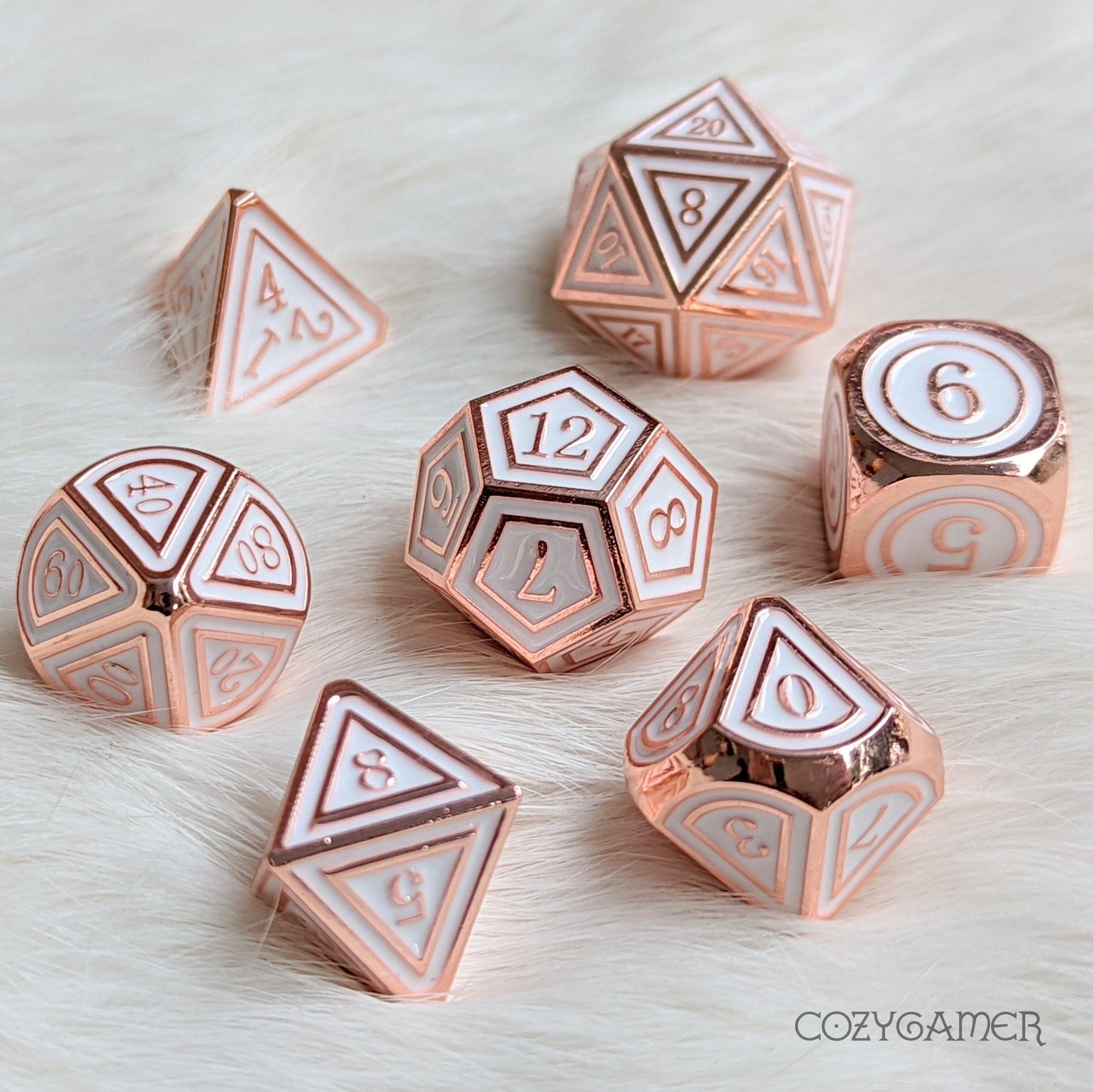 Avacyn Metal Dice Set. Copper Plated with White