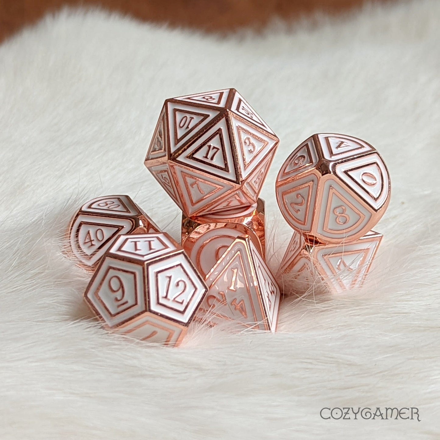 Avacyn Metal Dice Set. Copper Plated with White
