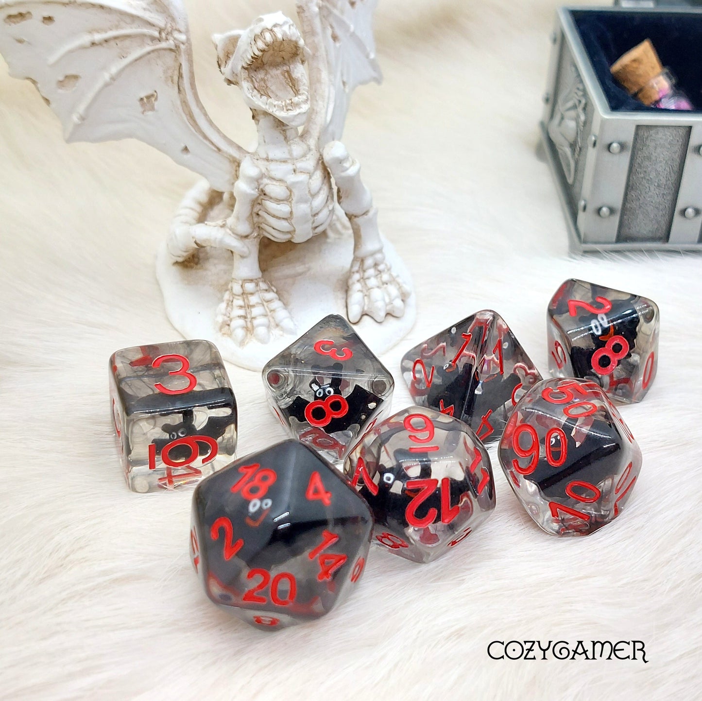 Bat Dice Set, Black and Red Tiny Bats 7 Piece D&D Dice Set Dice sets Fennek and Finch