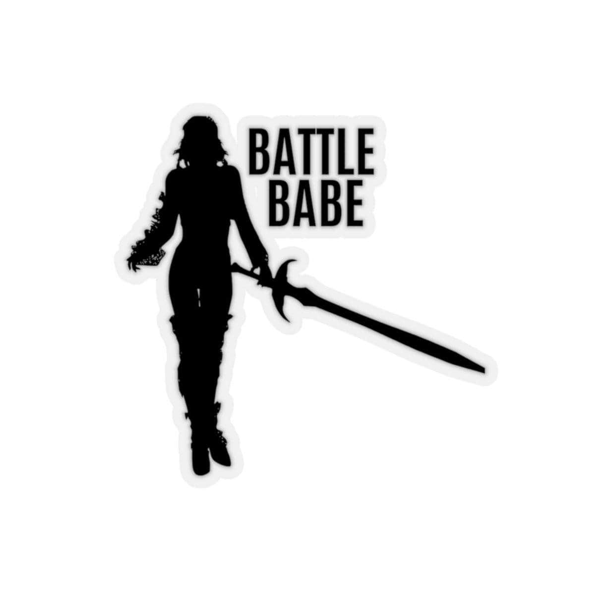 Silhouette of a battle babe with a sword, striking a pose next to "Battle Babe" lettering. Black design on a transparent background.