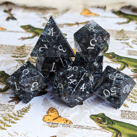 Black and Blue Crackled Glass Dice Set.