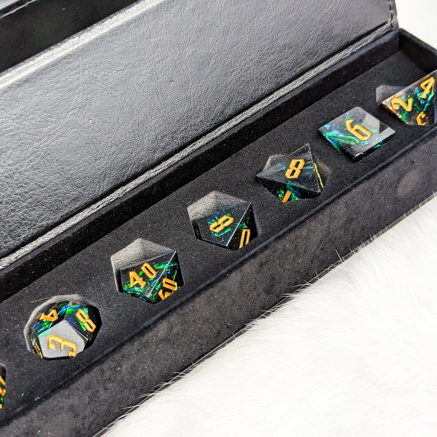Black and Blue Flash Sharp Edge Resin DnD Dice Set