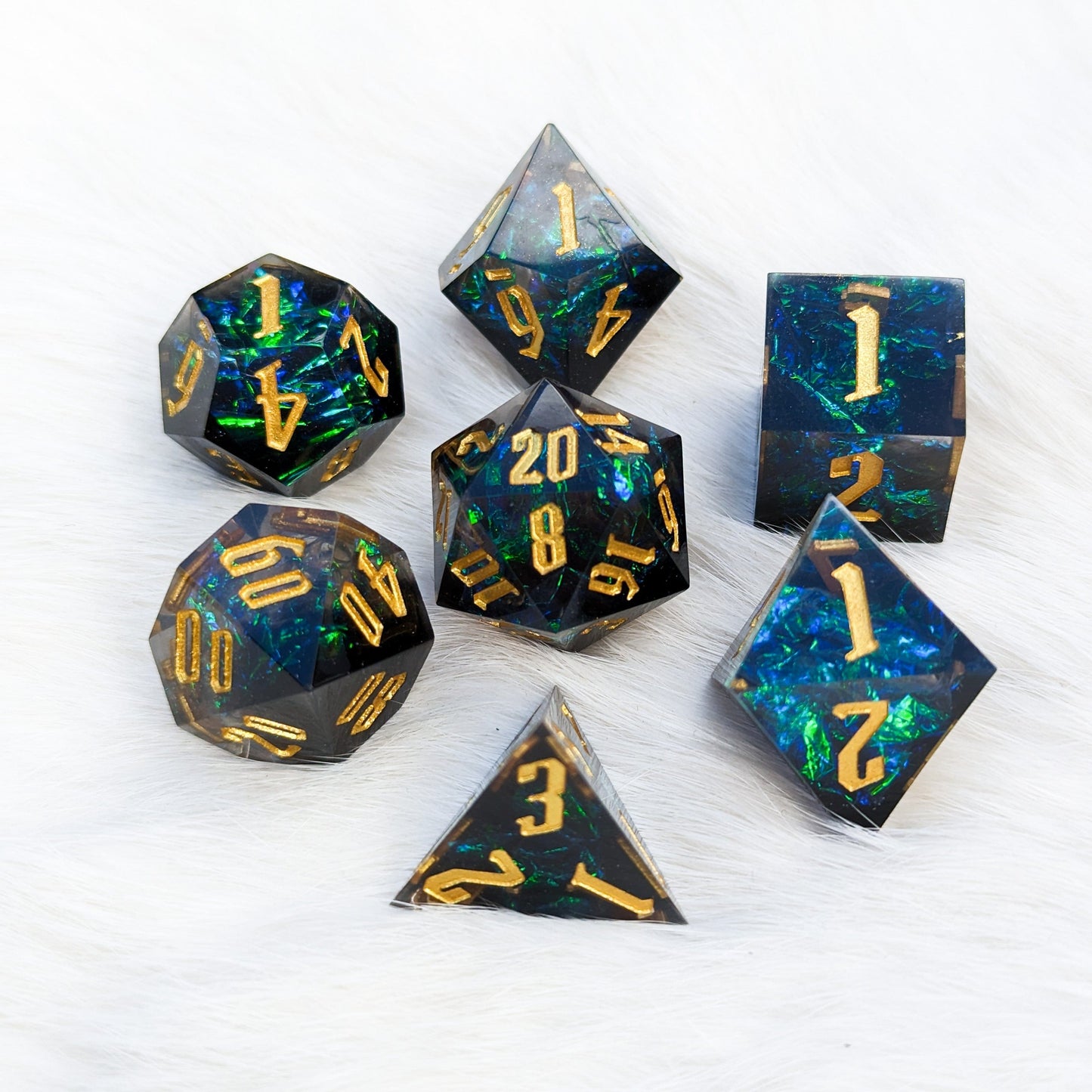 Black and Blue Flash Sharp Edge Resin DnD Dice Set