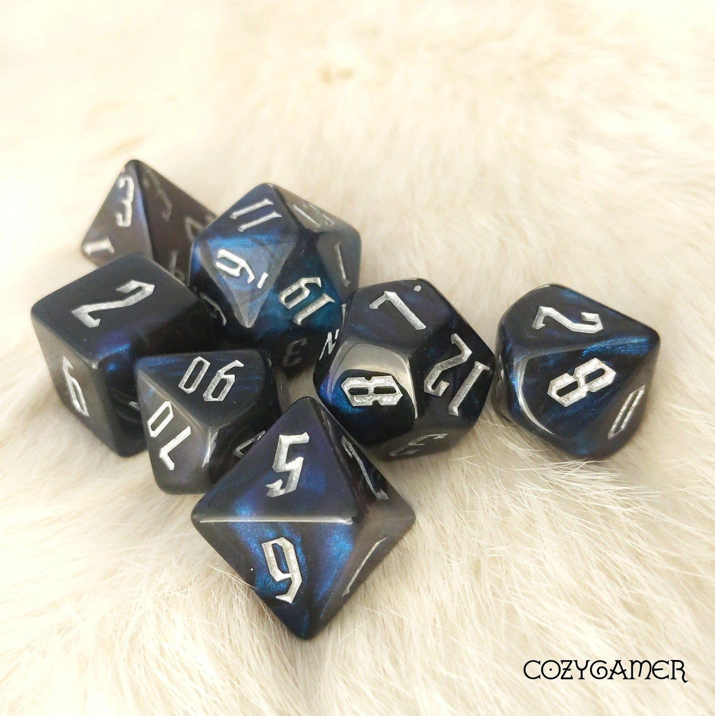 Black and Blue Glitter Acrylic Dice Set With Fantasy Font. TTRPG 7 Piece Dice