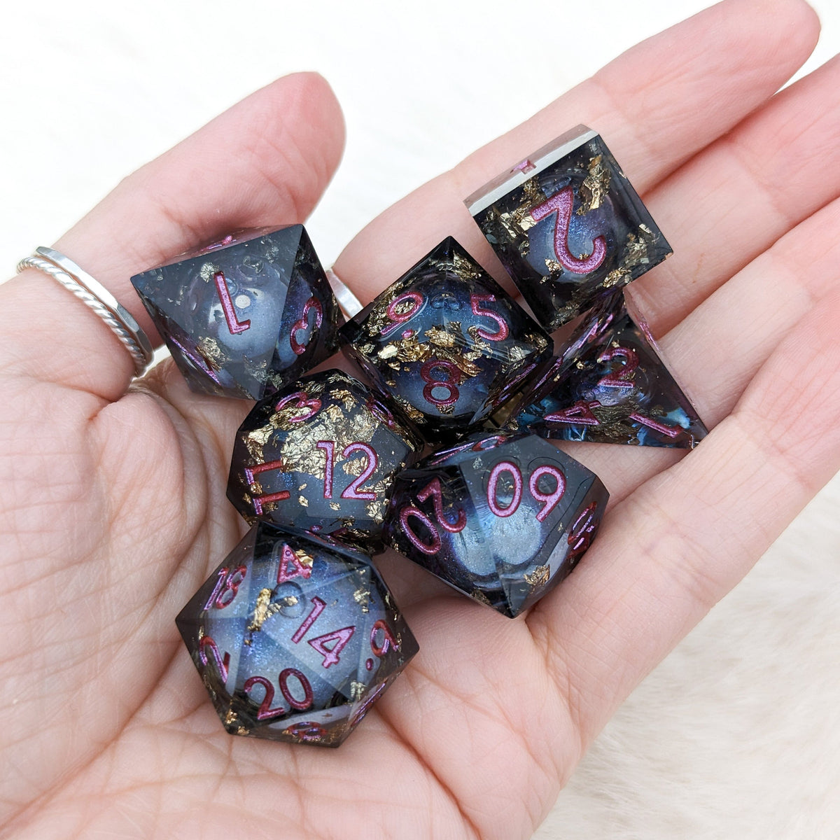 Black and Gold Liquid Core Sharp Edge Resin DnD Dice Set Dice Sets & Games Fennek and Finch