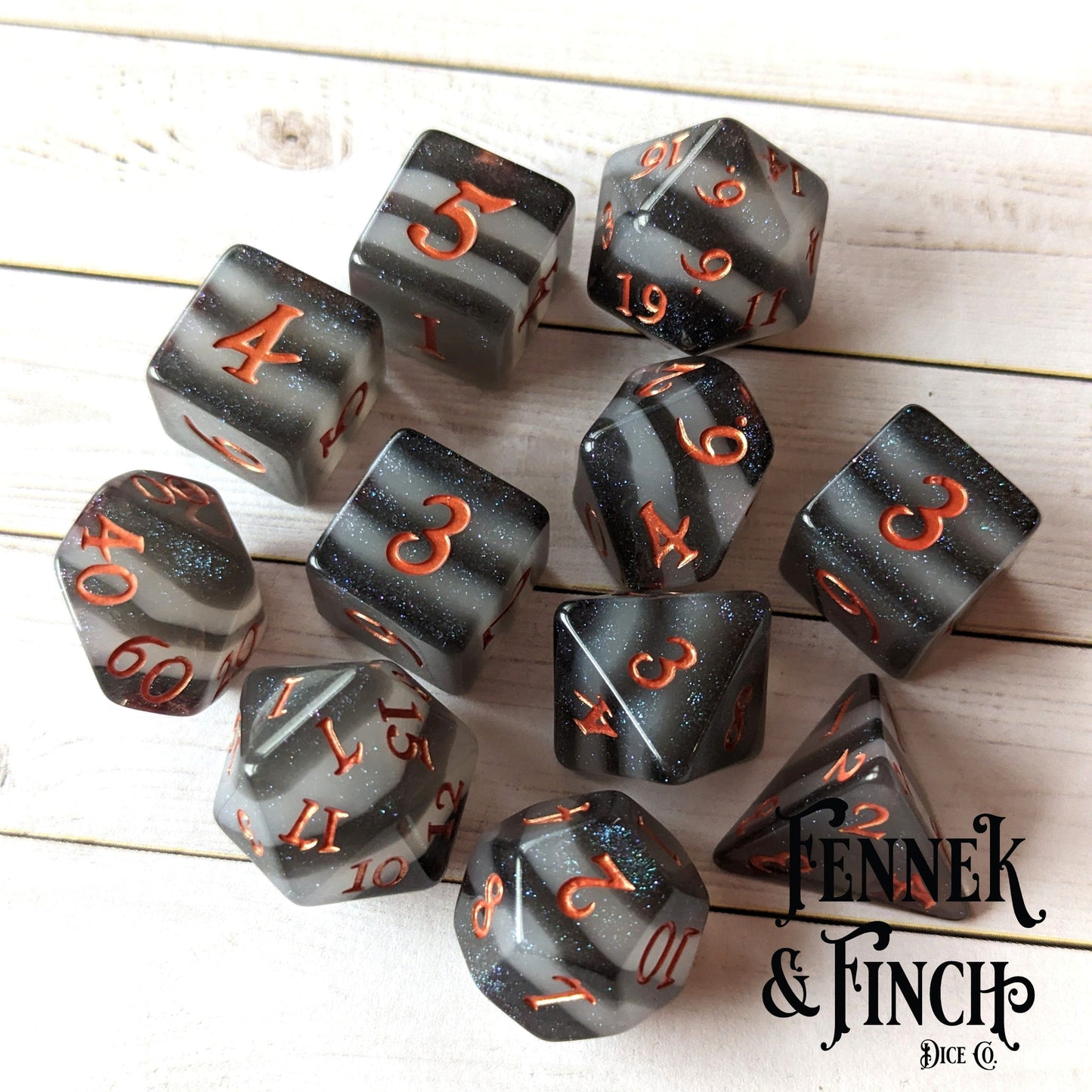 Black and White Stripe Dice Set. 7 and 11 piece DND dice Dice sets Fennek and Finch