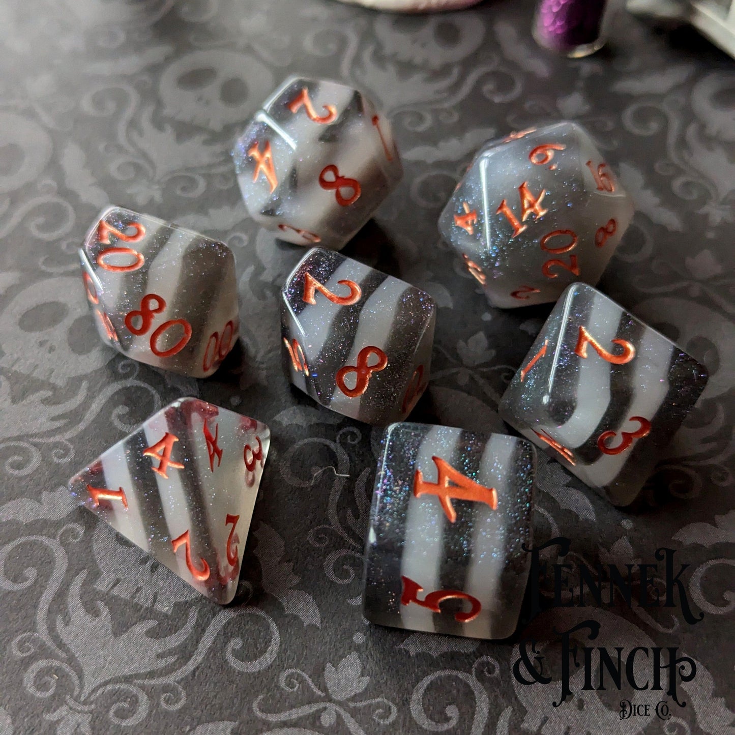 Black and White Stripe Dice Set. 7 and 11 piece DND dice Dice sets Fennek and Finch 7 Piece