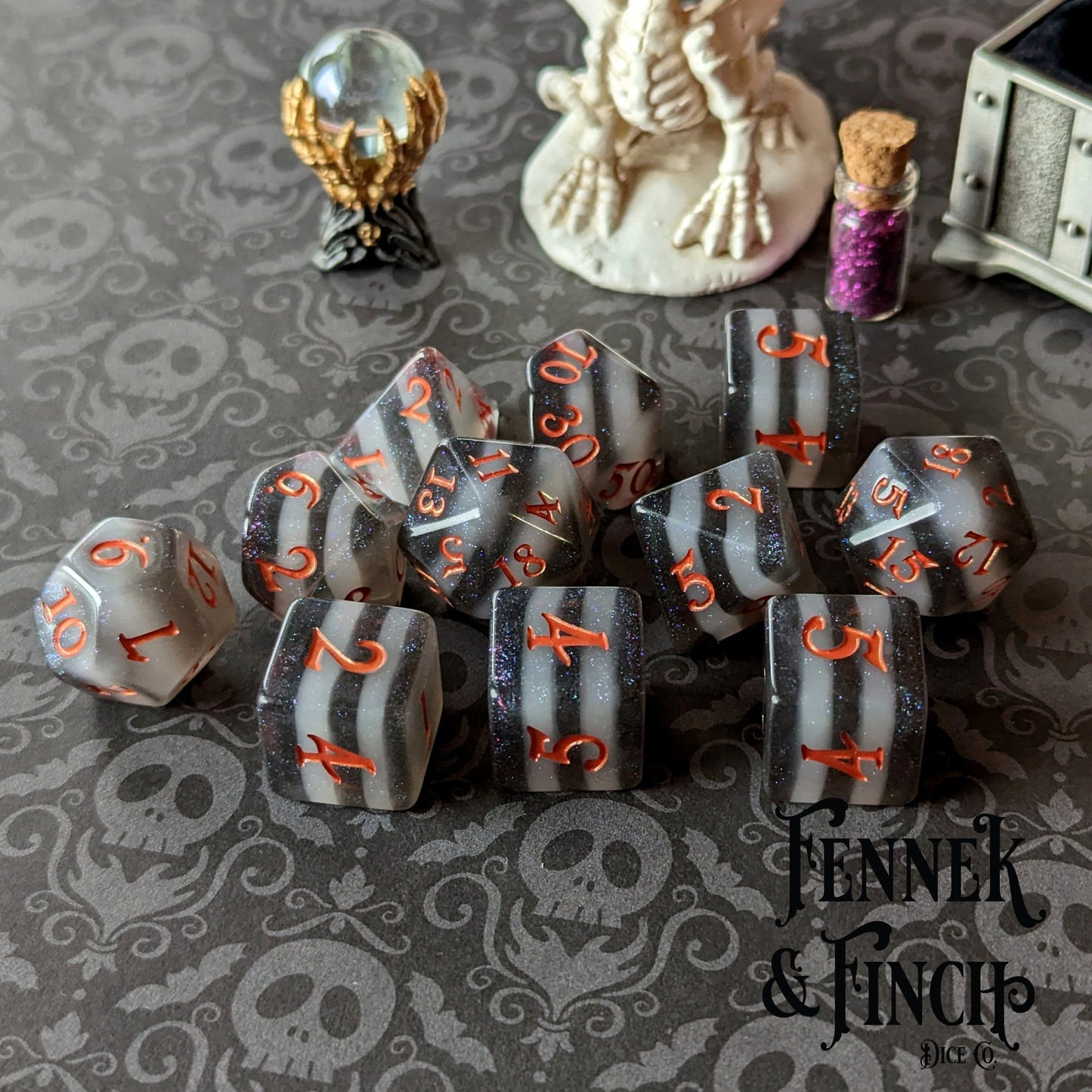 Black and White Stripe Dice Set. 7 and 11 piece DND dice Dice sets Fennek and Finch