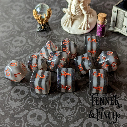 Black and White Stripe Dice Set. 7 and 11 piece DND dice Dice sets Fennek and Finch