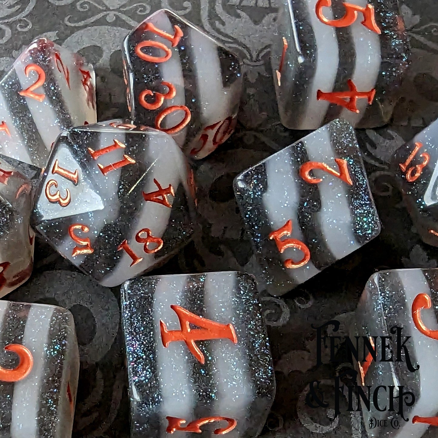 Black and White Stripe Dice Set. 7 and 11 piece DND dice Dice sets Fennek and Finch