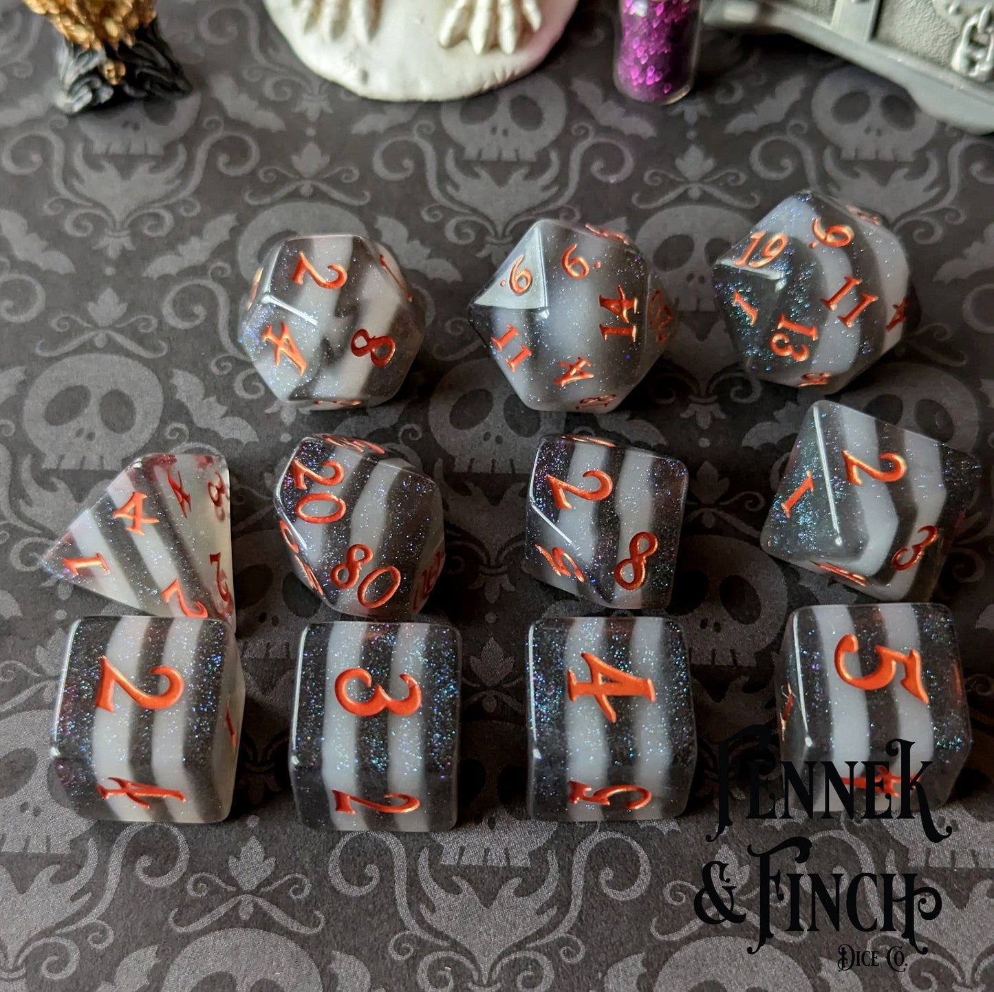 Black and White Stripe Dice Set. 7 and 11 piece DND dice Dice sets Fennek and Finch 11 Piece