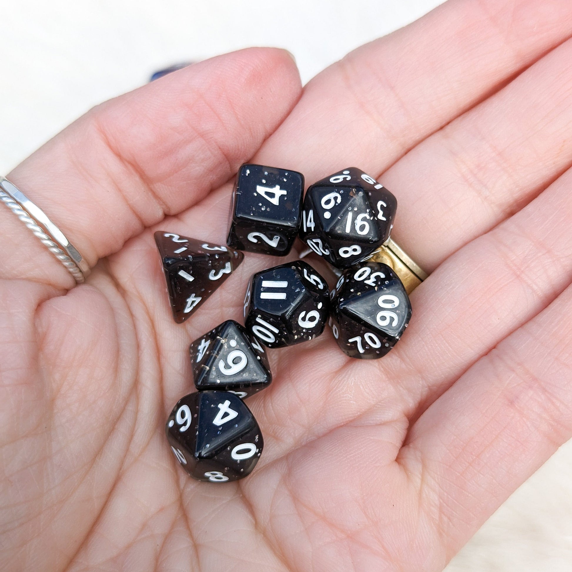 Black Glitter Mini Dice Set. 7 Piece Polyhedral DND Dice Fennek and Finch