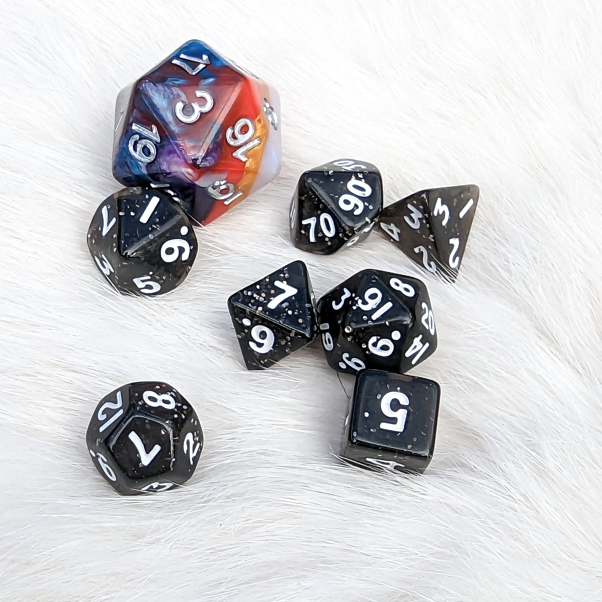 Black Glitter Mini Dice Set. 7 Piece Polyhedral DND Dice Fennek and Finch