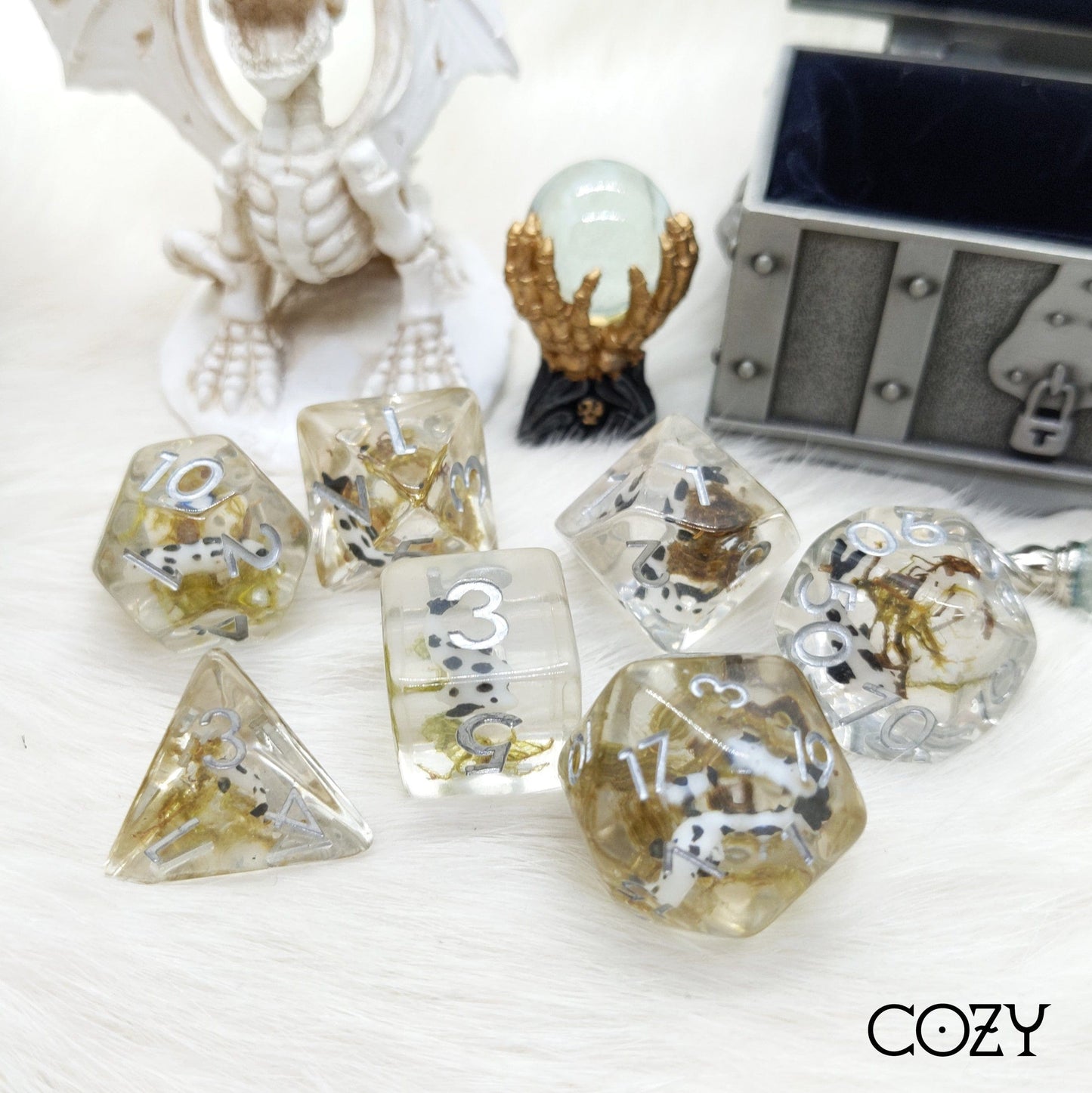Black Koi Fish and Moss Dice Set with 7 Polyhedral Pieces for DnD and TTRPG in Clear Resin Displayed on White Background
