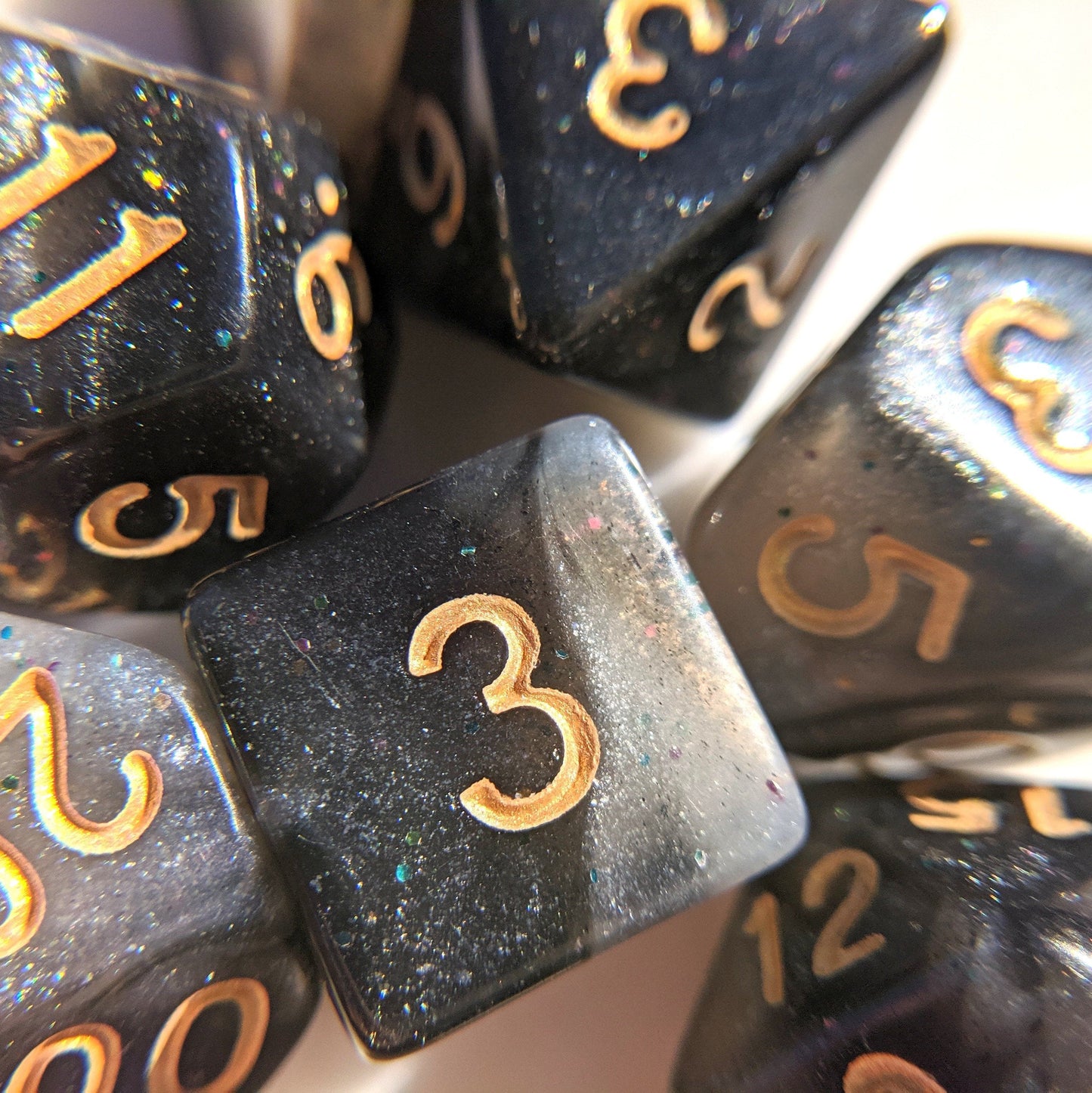 Black Nebula DnD Dice Set, Black and White Micro Shimmer - blend of white and pearly colors, making each set one-of-a-kind. The pearlescent effect